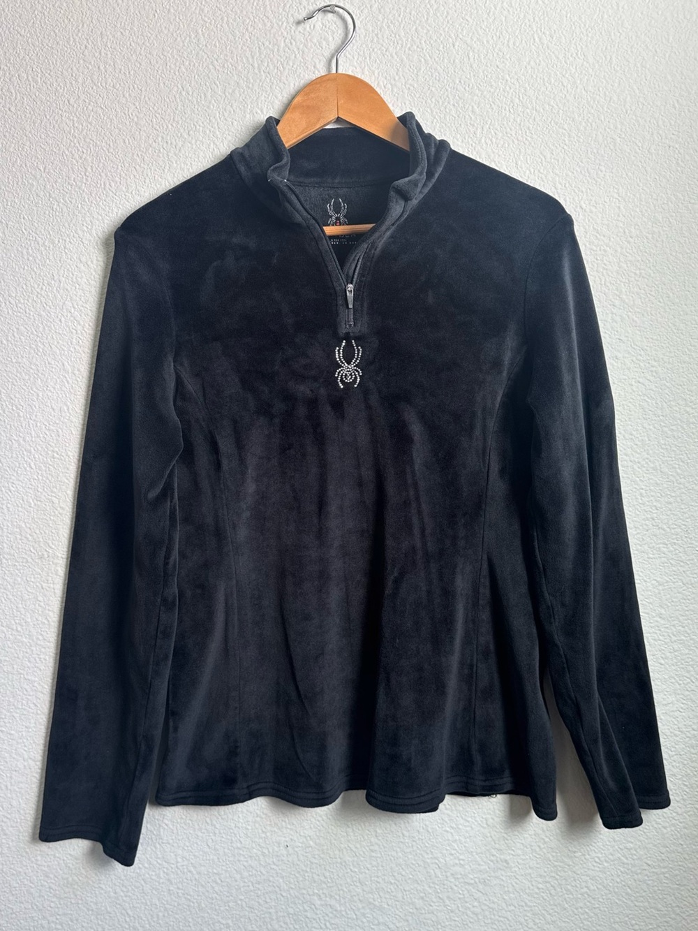 Spyder Black Velour Half Zip Fleece Jacket - Rhinestone Spider L